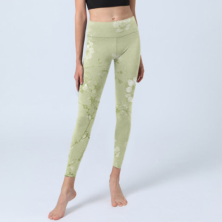 Leggings de yoga para mujer con estampado de flores de ciruelo blancas y Buddha Stones - image 6