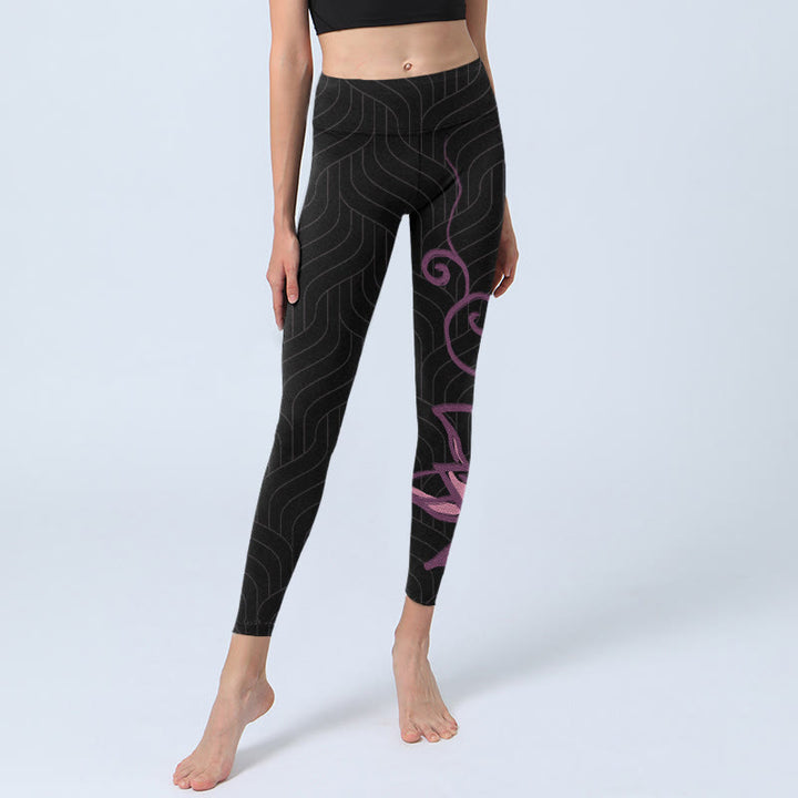 Leggings de yoga para mujer con estampado de flores de loto en color negro y rosa y Buddha Stones - image 6
