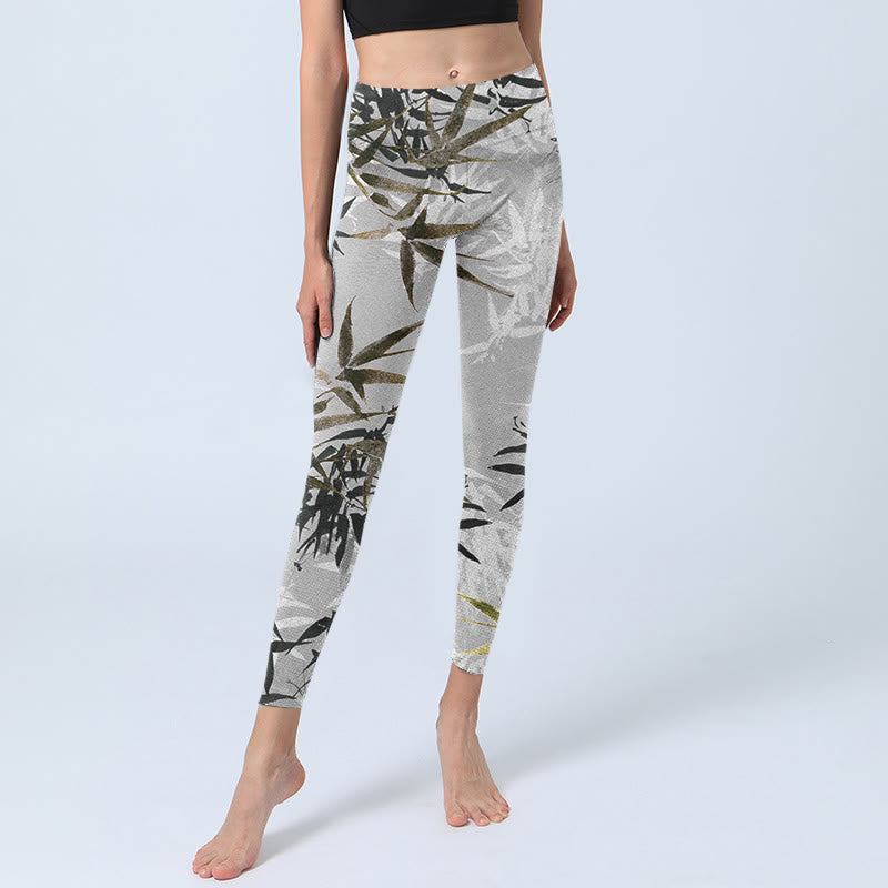 Leggings de yoga para mujer con estampado de hojas de bambú y Buddha Stones en color gris oscuro - image 6