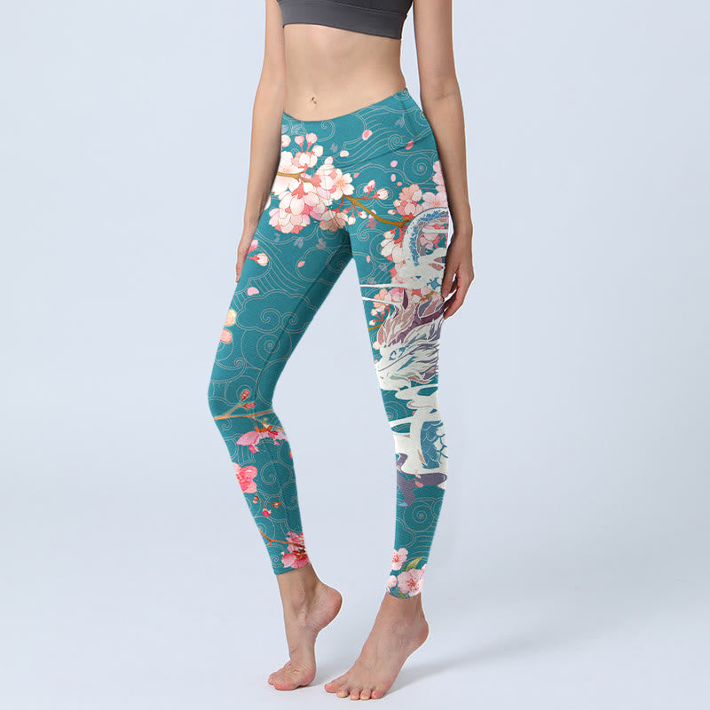 Leggings de yoga para mujer con estampado de flores de cerezo, dragón y piedras de Buddha Stones - Cadete Azul - US18,UK/AU22,EU50 (4XL) - image 1