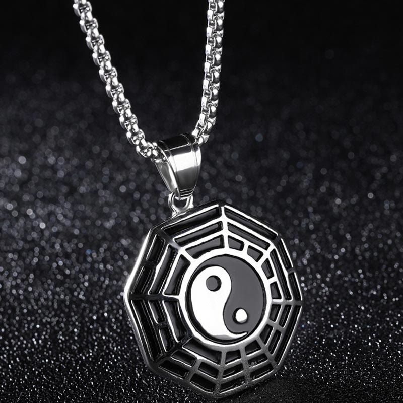 Colgante de collar con patrón de Yin Yang, Bagua, de acero y titanio y Buddha Stones - Bagua de plata - image 10