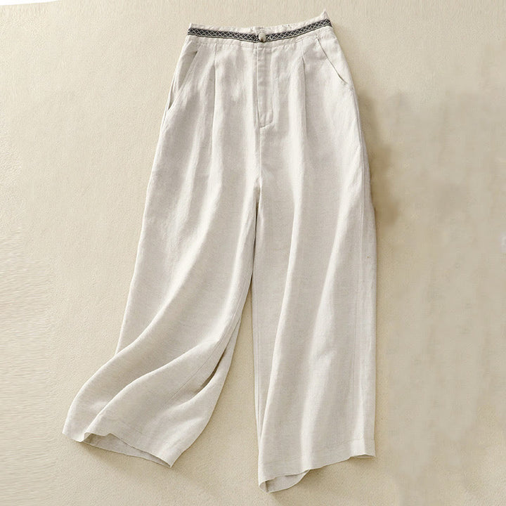 Pantalones de lino y algodón elásticos con bolsillos y botones en la parte delantera y trasera de color liso con Buddha Stones para mujer - Beige - US8-10,UK/AU12-14,EU40-42 (2XL) - image 0