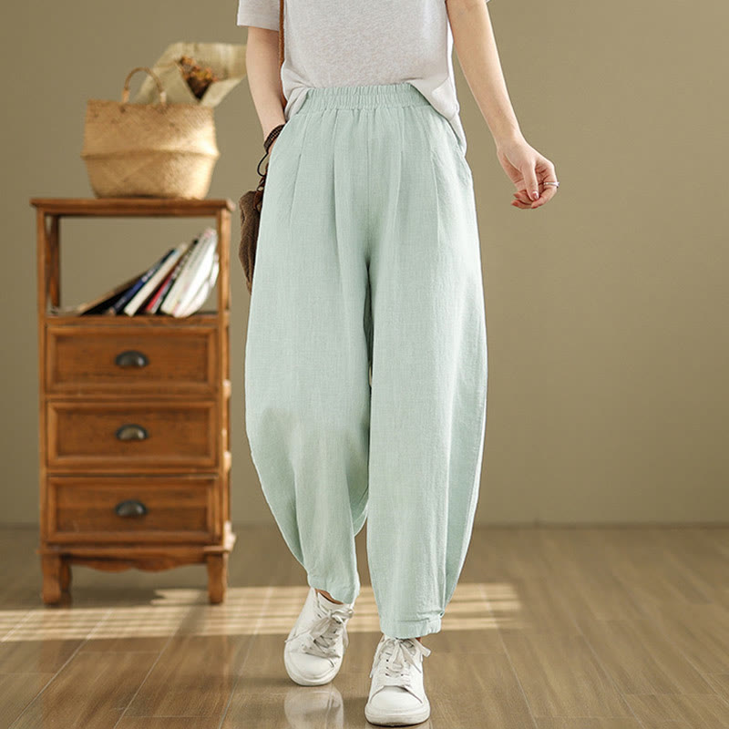 Pantalones de lino y algodón con cintura elástica cónica de color liso informales para mujer con bolsillos y Buddha Stones - Verde pálido - US8-10,UK/AU12-14,EU40-42 (2XL) - image 27