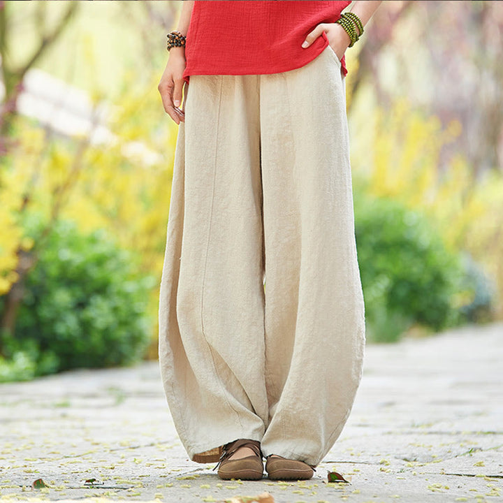 Pantalones de mujer de algodón y ramio con forro polar y cintura elástica de color liso y casual con Buddha Stones y bolsillos - Beige - US4,UK/AU8,EU36 (L) - image 1