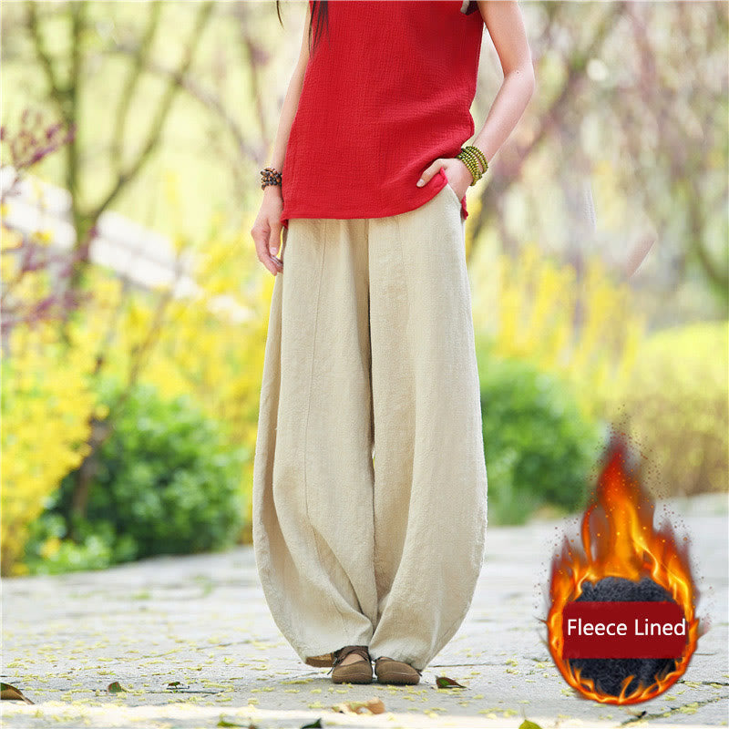 Pantalones de mujer de algodón y ramio con forro polar y cintura elástica de color liso y casual con Buddha Stones y bolsillos - Beige (forrado con vellón) - US4,UK/AU8,EU36 (L) - image 47