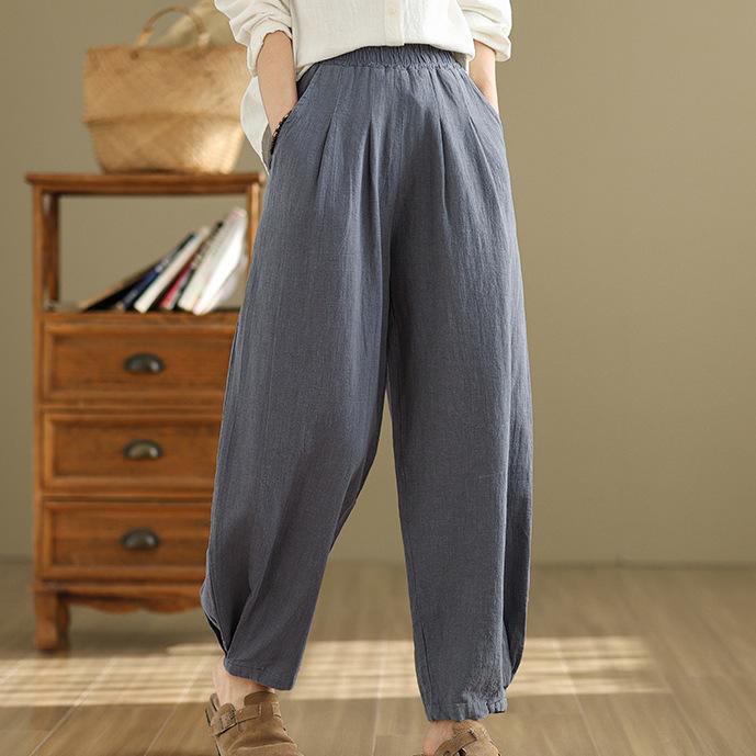 Pantalones de lino y algodón con cintura elástica cónica de color liso informales para mujer con bolsillos y Buddha Stones - Azul acero - US8-10,UK/AU12-14,EU40-42 (2XL) - image 0