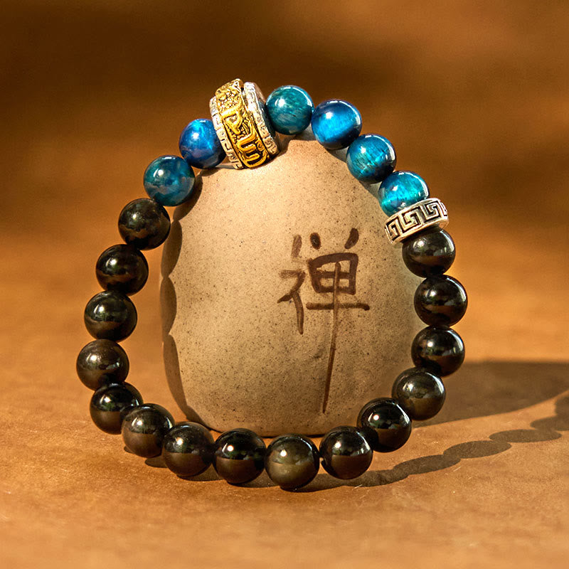 Pulsera protectora de obsidiana azul con ojo de tigre y Buddha Stones con brillo plateado