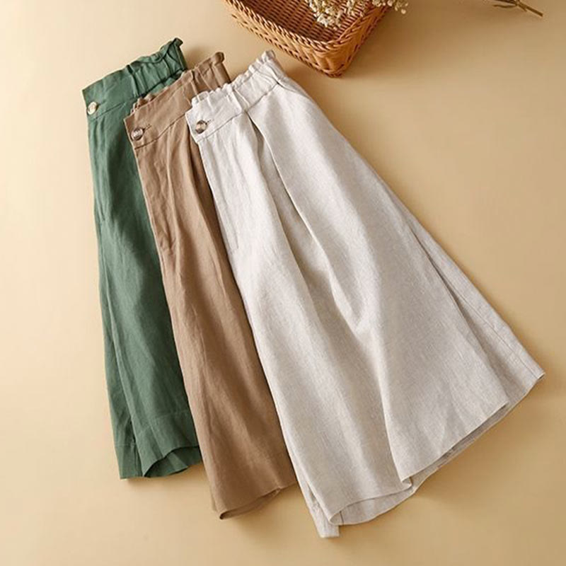 Pantalones cortos de lino y algodón con botones y cremallera plisados de color liso con Buddha Stones para mujer con bolsillos - image 1