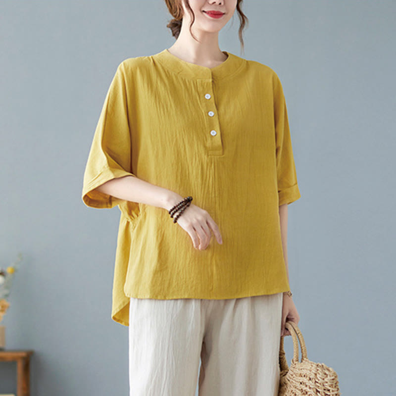 Camisa de lino y algodón de media manga con diseño de manga murciélago para mujer de Buddha Stones - Oro - US6,UK/AU10,EU38 (XL) - image 10