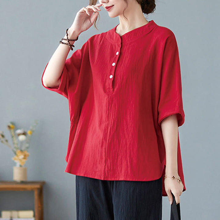 Camisa de lino y algodón de media manga con diseño de manga murciélago para mujer de Buddha Stones - Rojo - US6,UK/AU10,EU38 (XL) - image 21