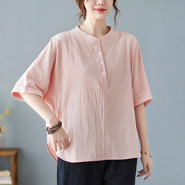 Camisa de lino y algodón de media manga con diseño de manga murciélago para mujer de Buddha Stones - MistyRose - US6,UK/AU10,EU38 (XL) - image 16