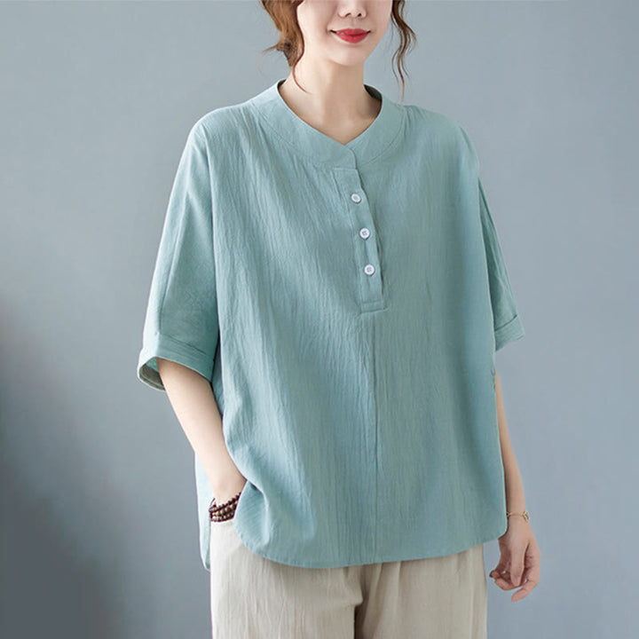 Camisa de lino y algodón de media manga con diseño de manga murciélago para mujer de Buddha Stones - Azul polvoriento - US6,UK/AU10,EU38 (XL) - image 0
