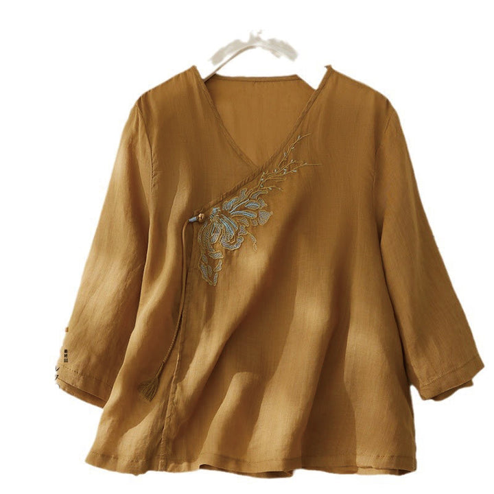 Camisa de lino y algodón con mangas tres cuartos y diseño de plantas bordadas para mujer con Buddha Stones - Naranja - US8-10,UK/AU12-14,EU40-42 (2XL) - image 14