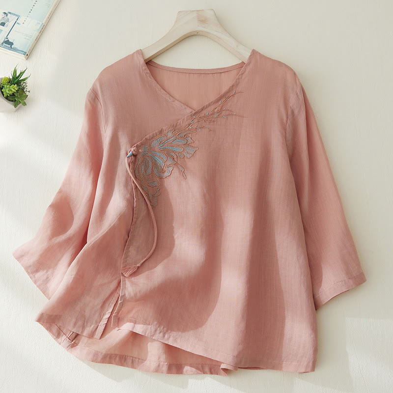 Camisa de lino y algodón con mangas tres cuartos y diseño de plantas bordadas para mujer con Buddha Stones - MistyRose - US8-10,UK/AU12-14,EU40-42 (2XL) - image 1