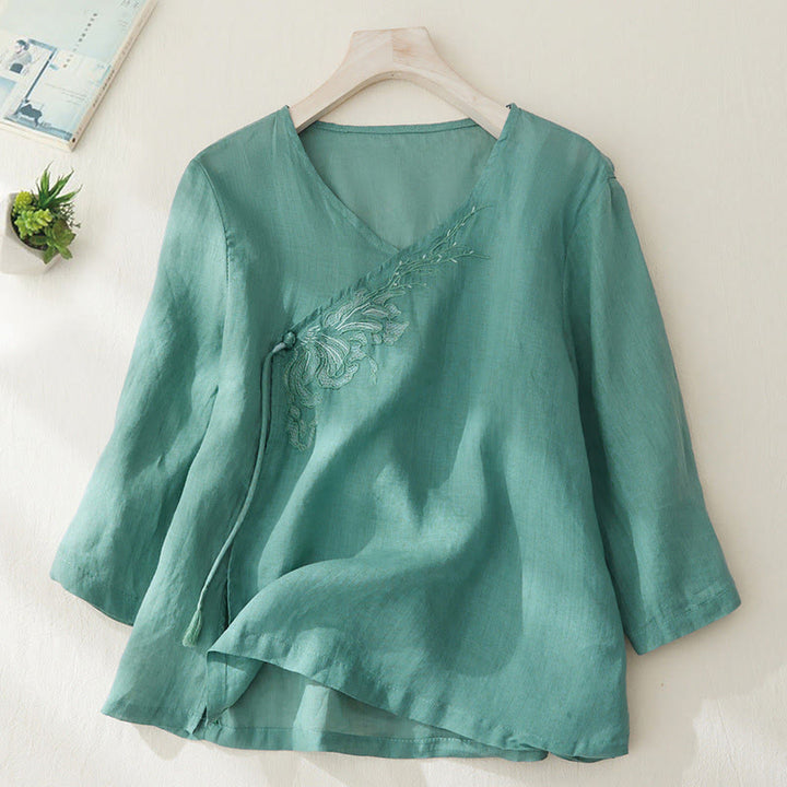 Camisa de lino y algodón con mangas tres cuartos y diseño de plantas bordadas para mujer con Buddha Stones - Verde mar claro - US8-10,UK/AU12-14,EU40-42 (2XL) - image 21