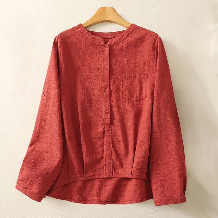 Camisa de lino y algodón lisa con diseño de manga larga y cuello alto holgado informal para mujer con Buddha Stones - Ladrillo refractario - US8-10,UK/AU12-14,EU40-42 (2XL) - image 0