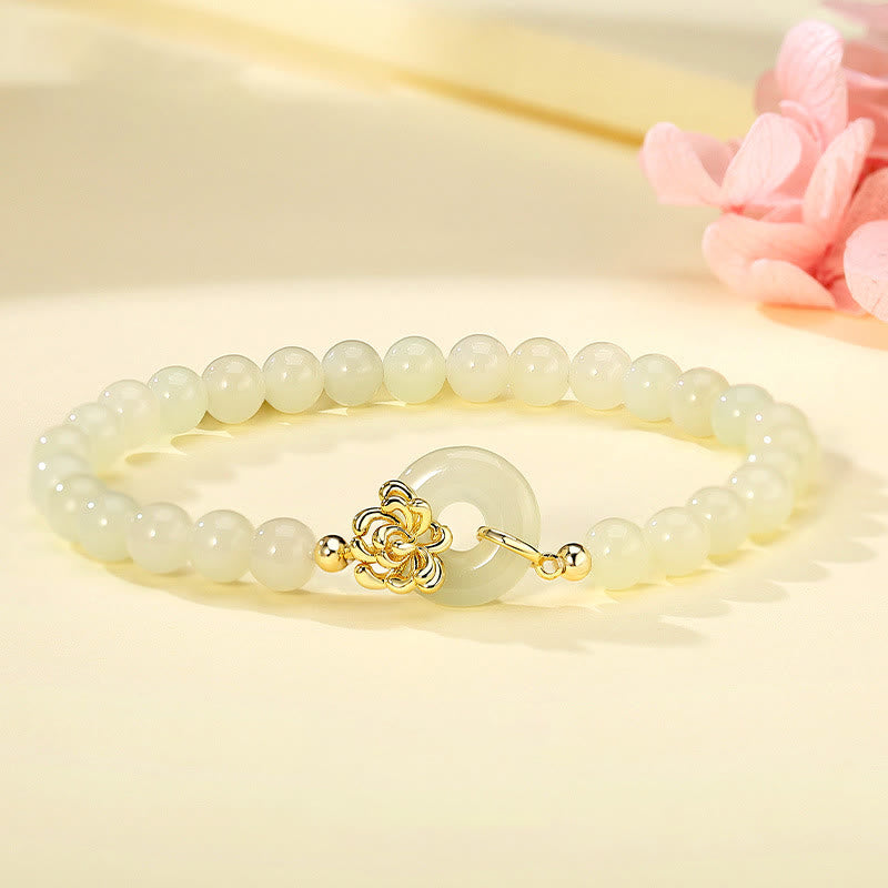 Pulsera de prosperidad con hebilla de paz y crisantemo otoñal de jade hetiano natural y plata de ley 925 con Buddha Stones