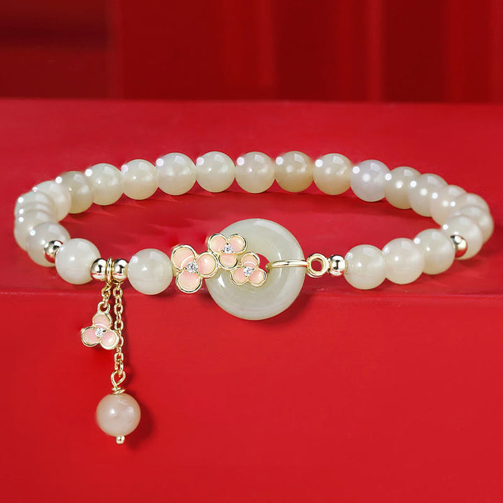 Pulsera con colgante de plata de ley 925 con Buddha Stones , jade hetiano natural, flor de melocotón, hebilla de la paz, circón, suerte - Pulsera de jade (circunferencia de muñeca: 14-17 cm) - image 0