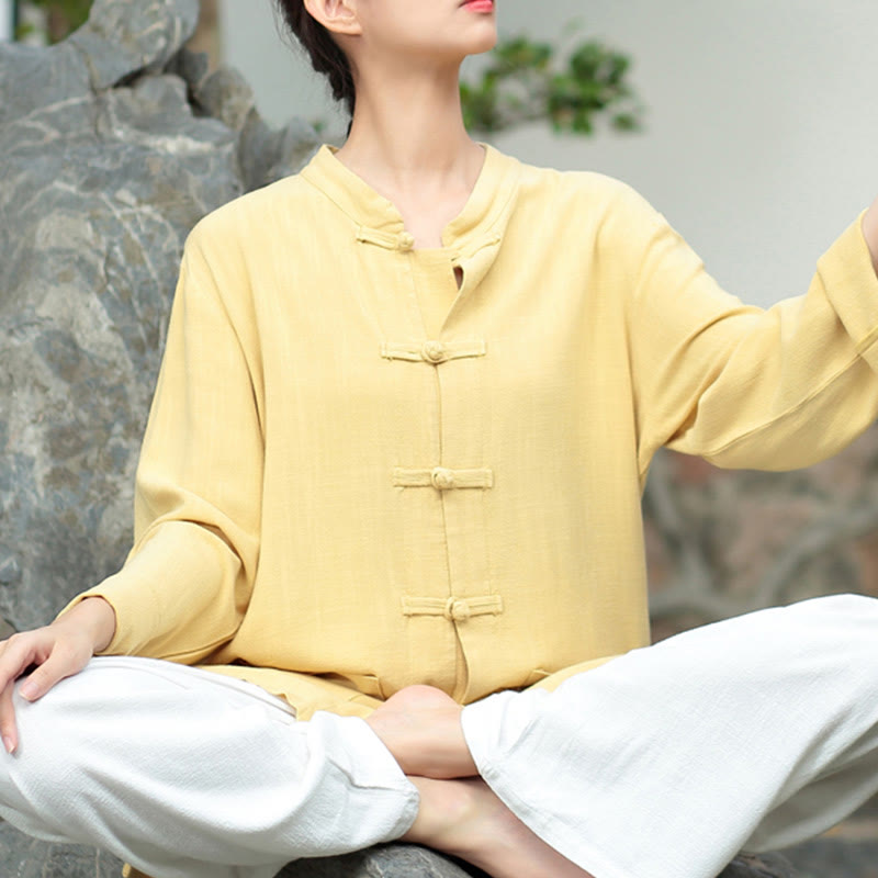 Camisas de mujer de lino y algodón de manga larga con botones de rana en color liso y bolsillos con Buddha Stones - Caqui - US6,UK/AU10,EU38 (XL) - image 15