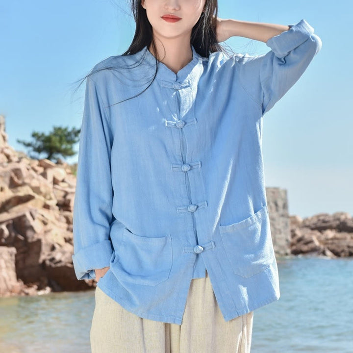 Camisas de mujer de lino y algodón de manga larga con botones de rana en color liso y bolsillos con Buddha Stones - Azul cielo claro - US6,UK/AU10,EU38 (XL) - image 7