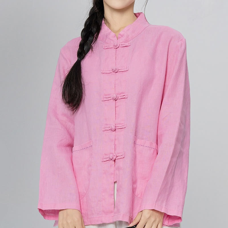 Buddha Stones Camisas de lino de manga larga con botones de rana y bolsillos para mujer en color liso - Rosa claro - US4,UK/AU8,EU36 (L) - image 1