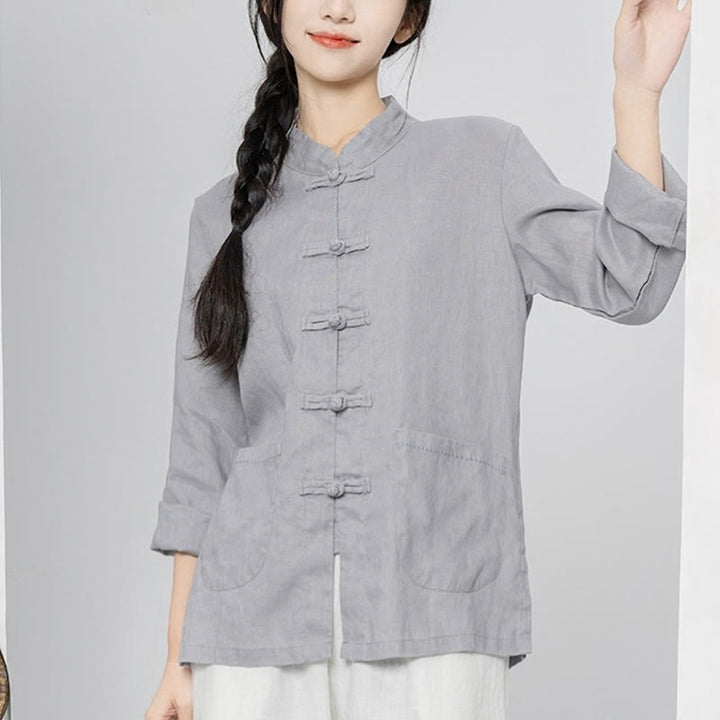 Buddha Stones Camisas de lino de manga larga con botones de rana y bolsillos para mujer en color liso - Plata - US4,UK/AU8,EU36 (L) - image 7
