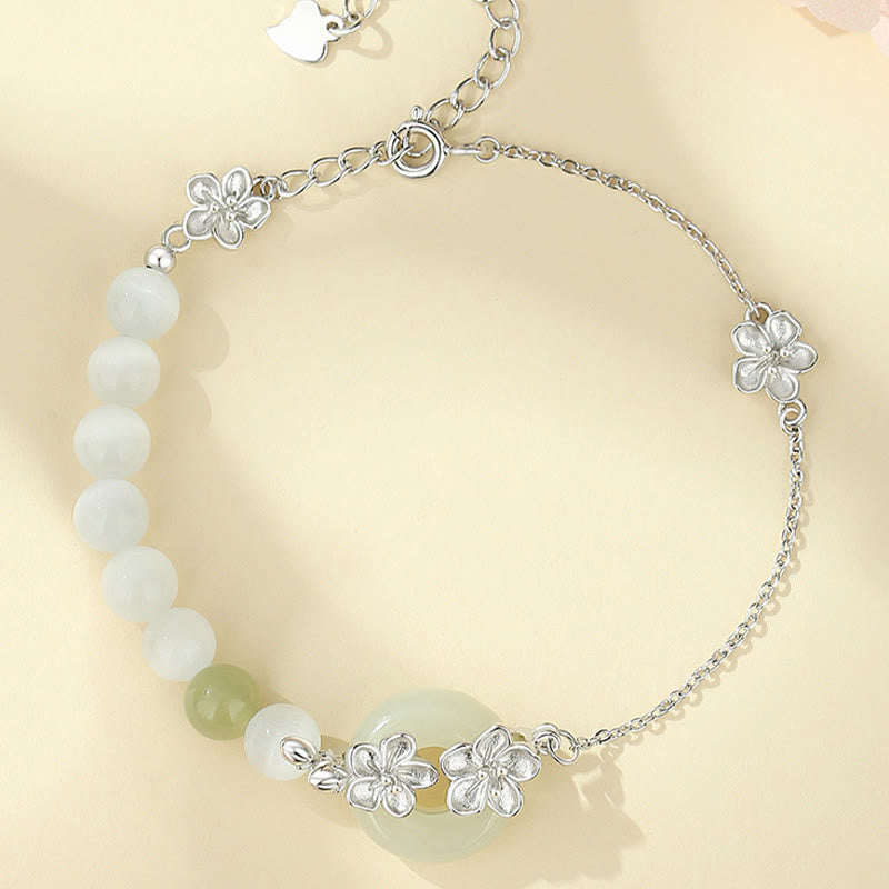Pulsera de la suerte con hebilla de paz y flor de durazno de jade hetiano natural de plata esterlina 999 con Buddha Stones - image 12