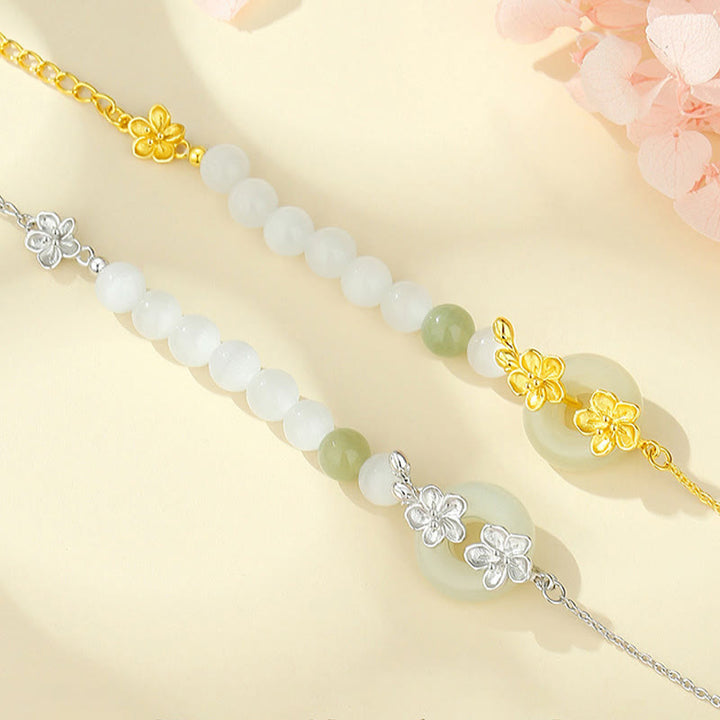 Pulsera de la suerte con hebilla de paz y flor de durazno de jade hetiano natural de plata esterlina 999 con Buddha Stones - image 1