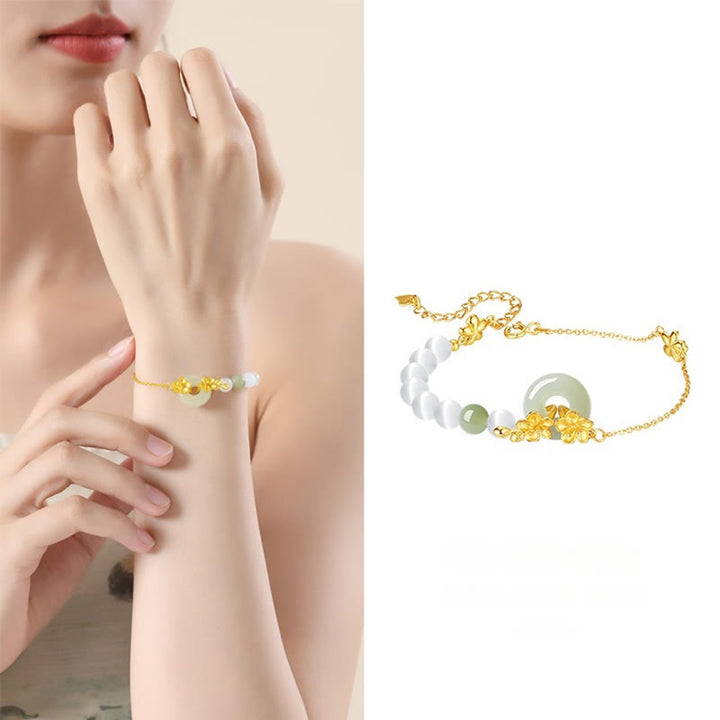 Pulsera de la suerte con hebilla de paz y flor de durazno de jade hetiano natural de plata esterlina 999 con Buddha Stones - image 4
