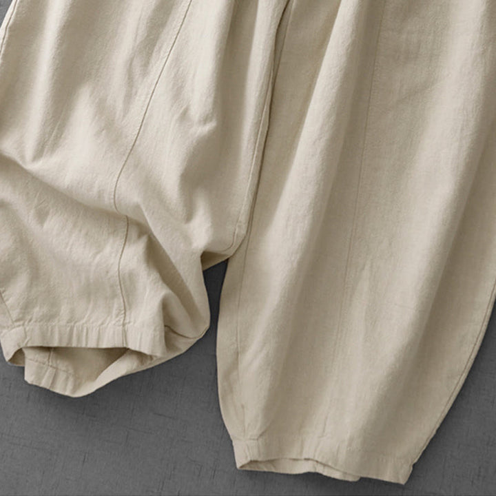 Pantalones harén de lino y algodón para mujer, informales, lisos, de largo 7-8, con bolsillos y estampado Buddha Stones