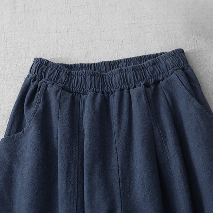 Pantalones harén de lino y algodón para mujer, informales, lisos, de largo 7-8, con bolsillos y estampado Buddha Stones