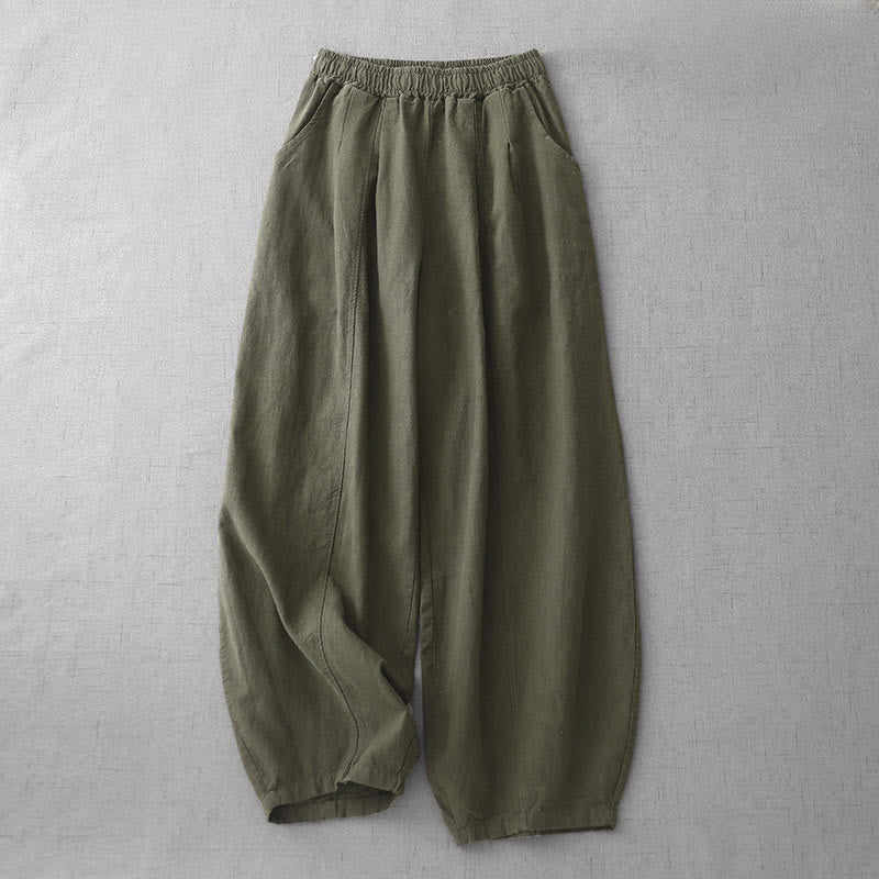 Pantalones harén de lino y algodón para mujer, informales, lisos, de largo 7-8, con bolsillos y estampado Buddha Stones