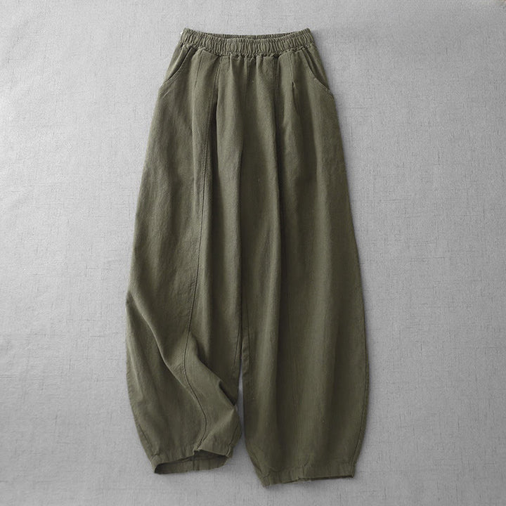 Pantalones harén de lino y algodón para mujer, informales, lisos, de largo 7-8, con bolsillos y estampado Buddha Stones