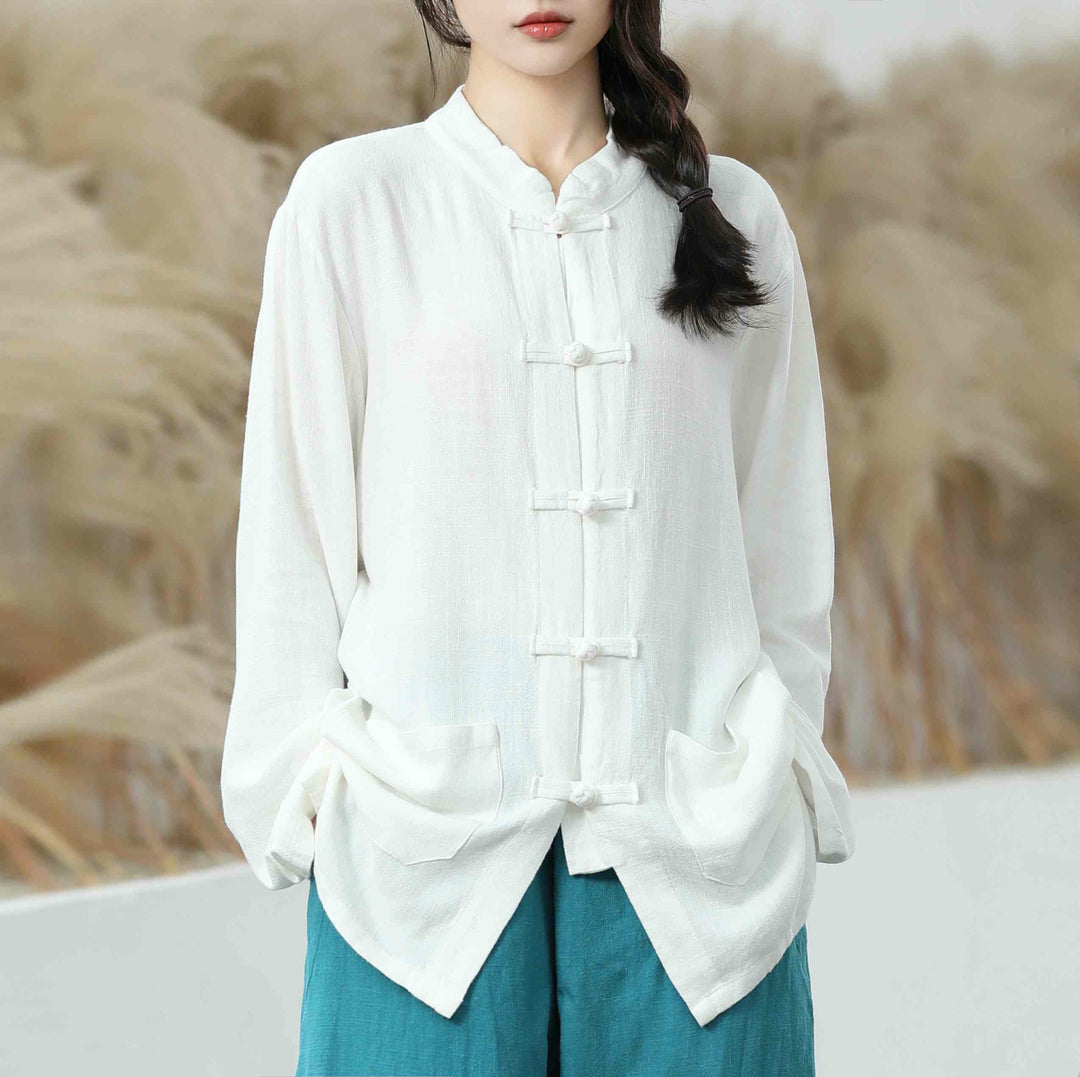 Camisas de mujer de lino y algodón de manga larga con botones de rana en color liso y bolsillos con Buddha Stones - Blanco - US6,UK/AU10,EU38 (XL) - image 1