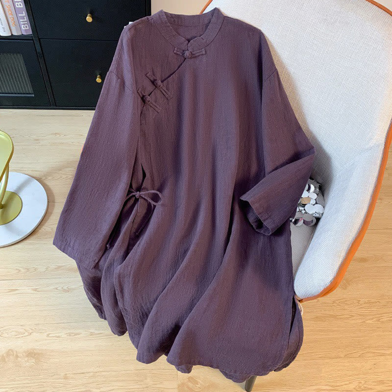 Camisa informal de lino y algodón de manga larga con cuello alto y botones de rana para mujer de Buddha Stones - Púrpura - US8-10,UK/AU12-14,EU40-42 (2XL) - image 1