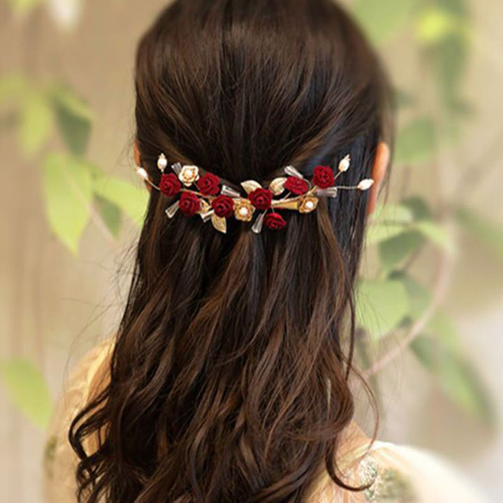 Pinza para el pelo de novia con rosas rojas y piedras de Buddha Stones para boda oriental china