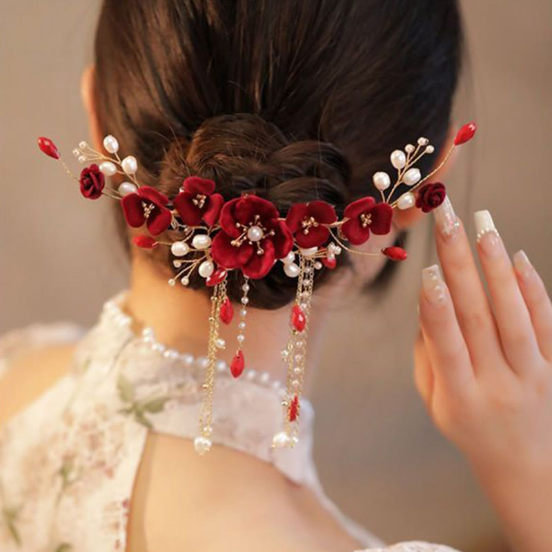 Pinza para el pelo de novia con rosas rojas y piedras de Buddha Stones para boda oriental china
