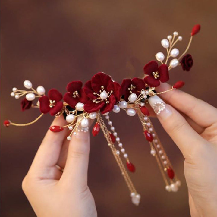 Pinza para el pelo de novia con rosas rojas y piedras de Buddha Stones para boda oriental china