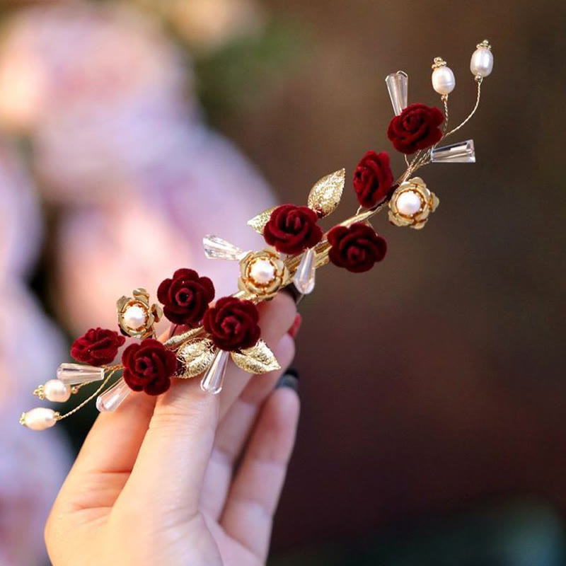 Pinza para el pelo de novia con rosas rojas y piedras de Buddha Stones para boda oriental china