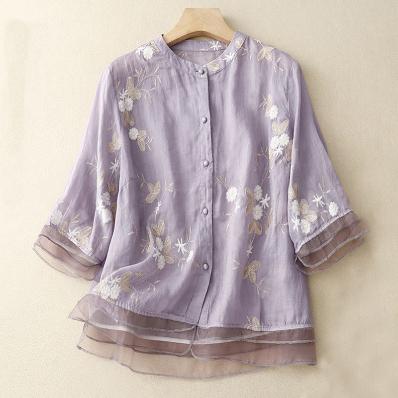 Camisa tipo cárdigan de algodón de media manga con diseño de cuello redondo y diseño informal de pétalos bordados con piedras de Buddha Stones y organza para mujer - Ciruela - US8-10,UK/AU12-14,EU40-42 (2XL) - image 1