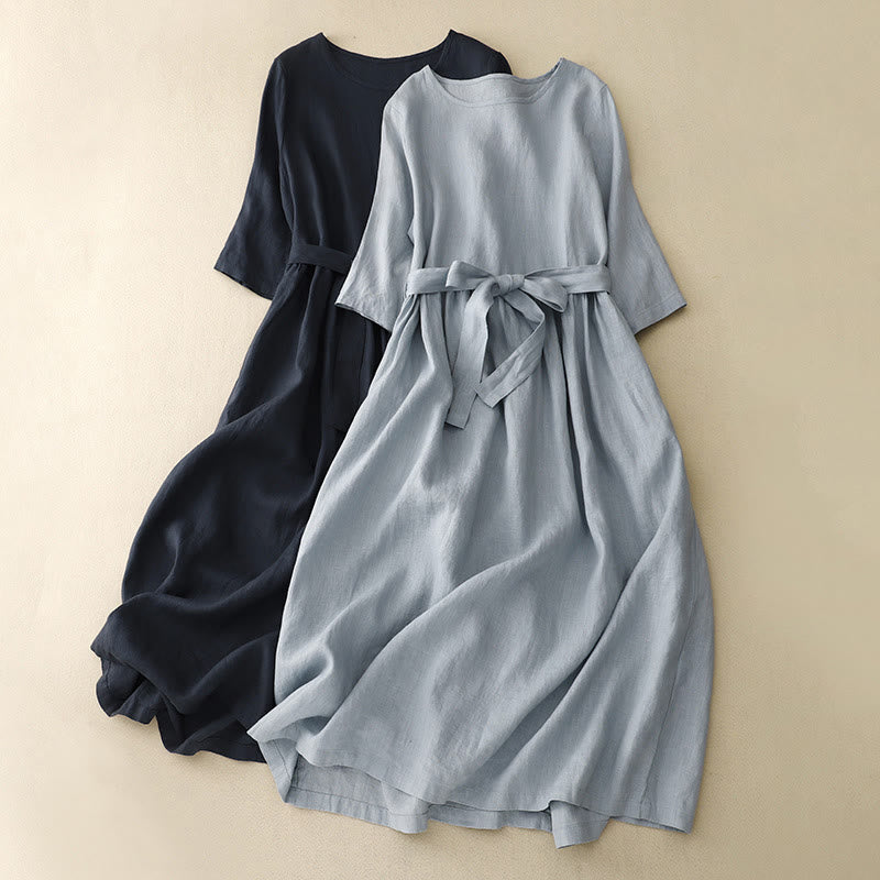 Vestido midi informal de lino y algodón con cuello redondo, mangas cortas, cordones y bolsillos de Buddha Stones - Azul medianoche - US8-10,UK/AU12-14,EU40-42 (2XL) - image 1