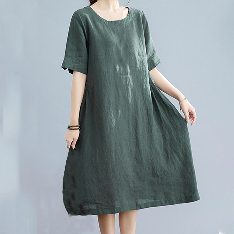 Vestido midi informal holgado de algodón y lino, color liso, con cuello redondo y media manga y bolsillos, de Buddha Stones - Verde azulado - US8-10,UK/AU12-14,EU40-42 (2XL) - image 1