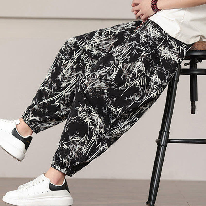 Pantalones harén con cordón y bolsillos para hombre con estampado de hojas de bambú y Buddha Stones - image 19