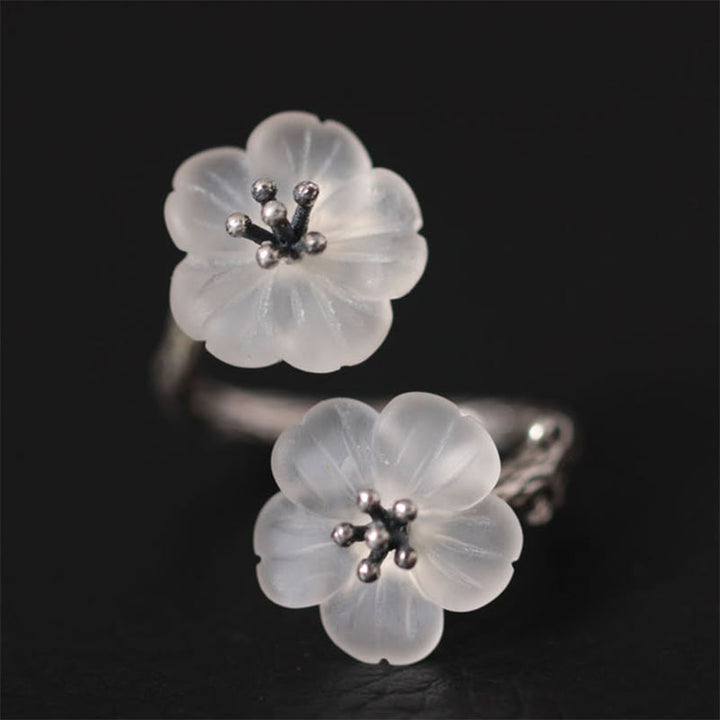 Anillo de protección ajustable con doble flor de ciruelo y cristales blancos de plata de ley 925 de Buddha Stones - Estilo retro (diámetro interior 16,4-17,8 mm) - image 6
