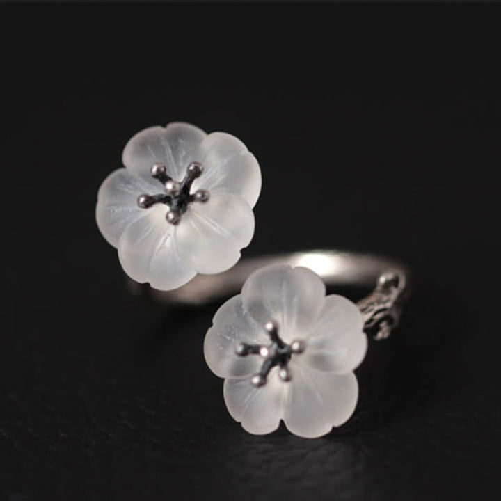 Anillo de protección ajustable con doble flor de ciruelo y cristales blancos de plata de ley 925 de Buddha Stones - image 7