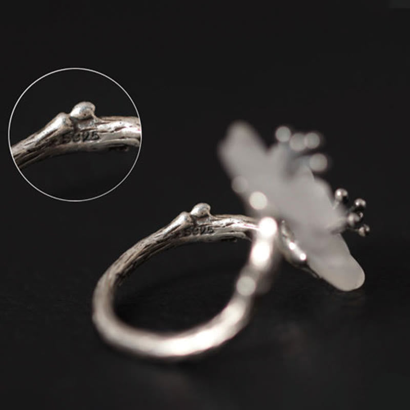 Anillo de protección ajustable con doble flor de ciruelo y cristales blancos de plata de ley 925 de Buddha Stones - image 10