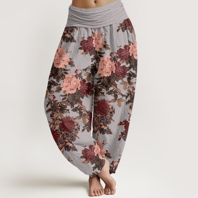 Pantalones harén de cintura elástica para mujer con estampado de hojas y flores de peonía exuberantes y piedras de Buddha Stones - Azul acero claro - US22,UK/AU26,EU54 (6XL) - image 5