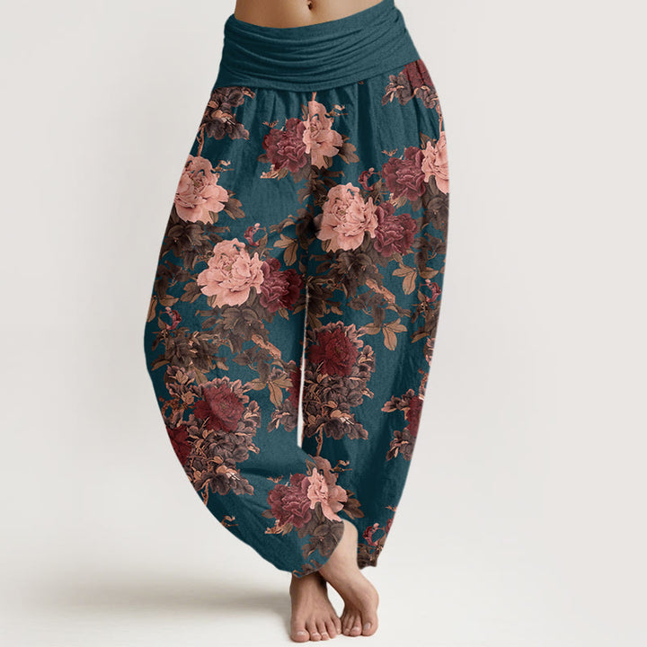 Pantalones harén de cintura elástica para mujer con estampado de hojas y flores de peonía exuberantes y piedras de Buddha Stones - Azul acero - US22,UK/AU26,EU54 (6XL) - image 8