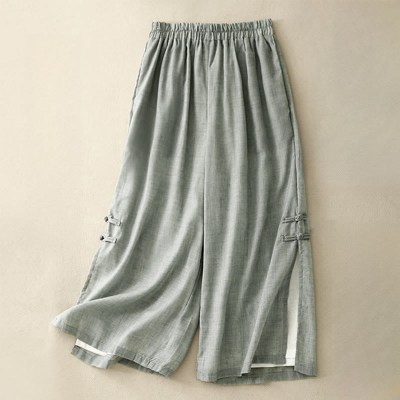 Pantalones anchos de algodón y lino con botones de rana china de color liso para mujer con Buddha Stones - Aguamarina mediana - US8-10,UK/AU12-14,EU40-42 (2XL) - image 17