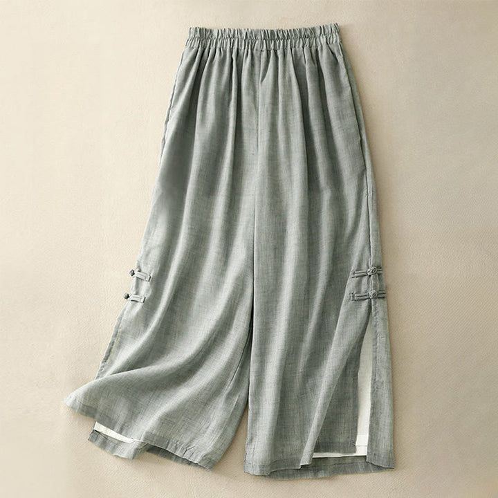 Pantalones anchos de algodón y lino con botones de rana china de color liso para mujer con Buddha Stones - Aguamarina mediana - US8-10,UK/AU12-14,EU40-42 (2XL) - image 17